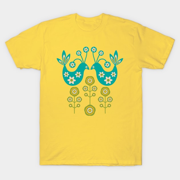 LOVE BIRDS Folk Art Mid-Century Modern Scandi Floral With Birds Flowers Feathers in Turquoise Cream Green Yellow - UnBlink Studio by Jackie Tahara T-Shirt by UnBlink Studio by Jackie Tahara